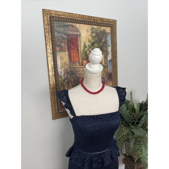 Women's CITY STUDIO 3 Tiers 5 Blue Lace Tea Length Stretch Cocktail Party Dress - Picture 3 of 12